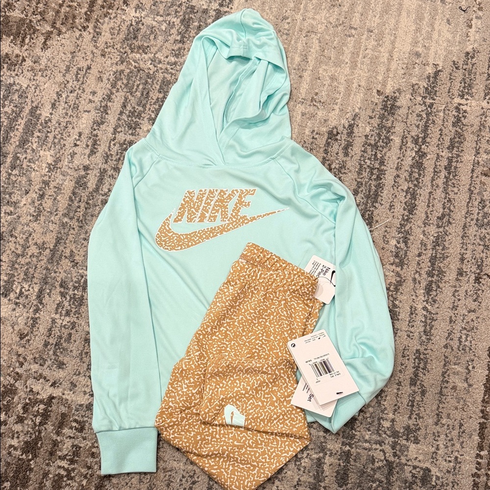 Brand New Nike Mint Dry Fit shirt with Hood with Gold Logo and Tan Legging
